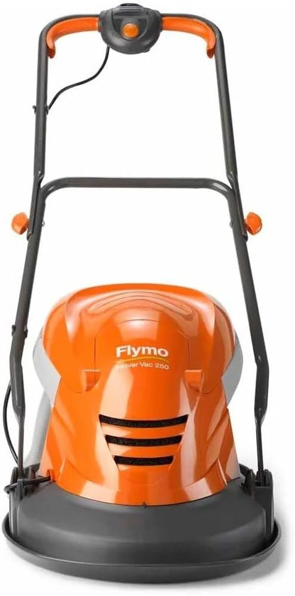 Flymo Hover Vac 250 Electric Hover Collect Lawn Mower - 1400W, 25cm Cutting Width, 15L Grass Box, Ambidextrous Handles, Folds Flat, Orange and Grey
