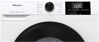 Hisense WF1G7021BW Freestanding 7 KG-Front Load Durable Inverter Washing Machine, Steam Wash-Quick Wash-15 Washing Programs-1200 RPM-White-Energy Rating B [Energy Class B]