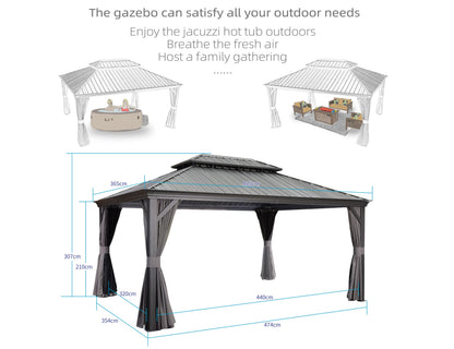 PURPLE LEAF 3.65 x 4.85m Large Hardtop Gazebo with Galvanised Steel Double Roof, Permanent Aluminium Garden Gazebo with Curtains & Netting for Patio, Lawn or Deck, Grey