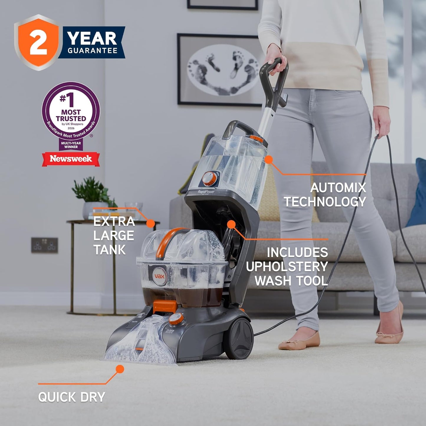 Vax Rapid Power Revive Carpet Cleaner Machine, Rug, Upholstery, Car, Stair Upright Shampooer Washer, Handheld Spot Cleaning Wash Tool, Solution, 1200W, Grey/Orange, CWGRV011