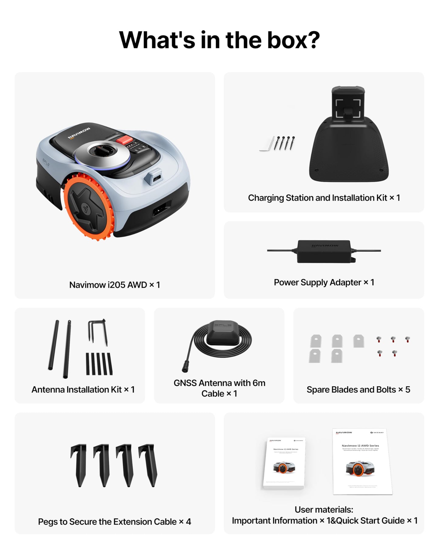Segway Navimow i205 AWD Robotic Lawn Mower without Boundary, All-Wheel-Drive for 45% Slopes, EFLS NRTK + Vision, Auto Mapping, Incl. 2.55 Ah Battery, Rec. 500 m², No RTK Antenna Required