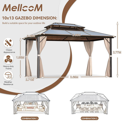 MELLCOM Hardtop Gazebo 4 X 3 m Outdoor Double Polycarbonate Roof Gazebo Garden Pavilion Canopy with Nettings, Curtains and Aluminum Frames for Patio, Backyard and Lawn