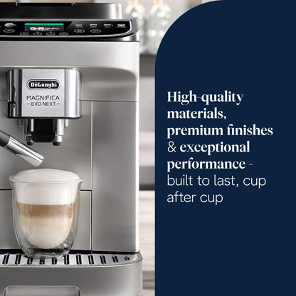 De’Longhi Magnifica Evo Next - Perfetto Automatic Coffee Machine with LatteCrema Automatic Milk Frothing, 13 One-Touch Drinks, Colour Touch Display, Silver Black (ECAM310.80.SB)