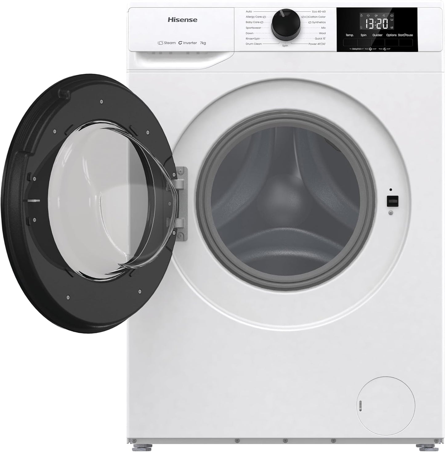 Hisense WF1G7021BW Freestanding 7 KG-Front Load Durable Inverter Washing Machine, Steam Wash-Quick Wash-15 Washing Programs-1200 RPM-White-Energy Rating B [Energy Class B]