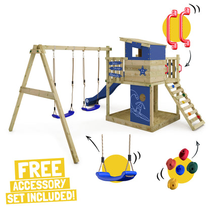 WICKEY Wooden climbing frame Smart Camp with swing set & green slide, Outdoor kids playhouse with sandpit, climbing ladder & play-accessories for the garden