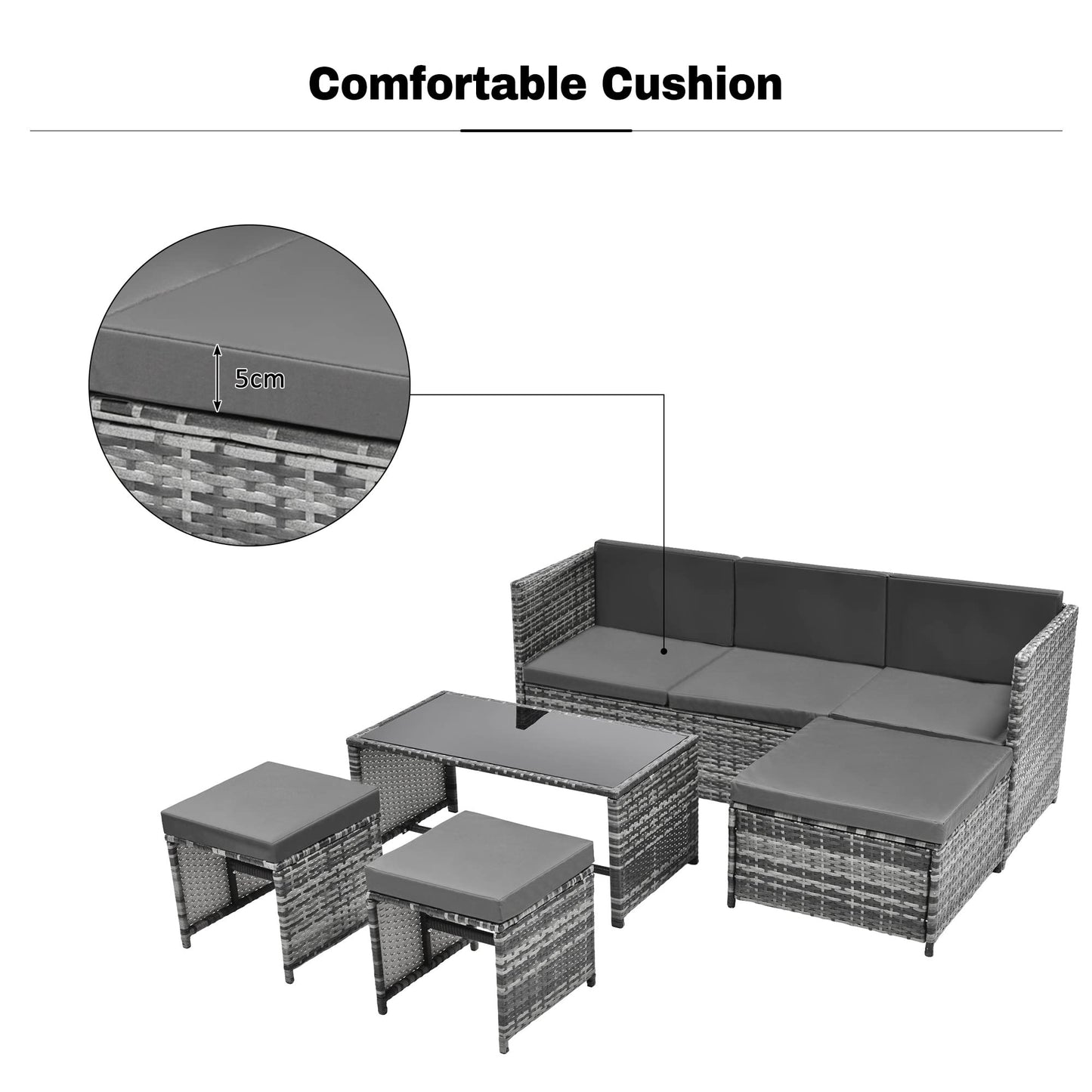BTM 6 Seater Garden Furniture Set, PE Ratten Garden Sofa Set, Lounge Set with an Adjustable Seat for Lying & Tee Table & Cushions & Ottomans