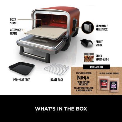 Ninja Woodfire Electric Outdoor Oven, 8-in-1 Pizza Oven, High-Heat Roaster & BBQ Smoker with Roast Rack, Pro-Heat Tray, Pizza Stone,Wood Pellets & Scoop, Electric,6 Pizza Settings,Burnt Orange OO101UK