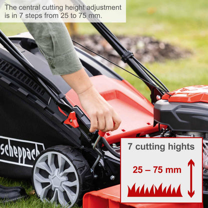 Scheppach MS225-56E Self-Propelled Petrol Lawnmower, 224cc 6HP, 56cm Cut, 25–75mm Height, 65L Bag, Electric Start, Mulching & Cleaning