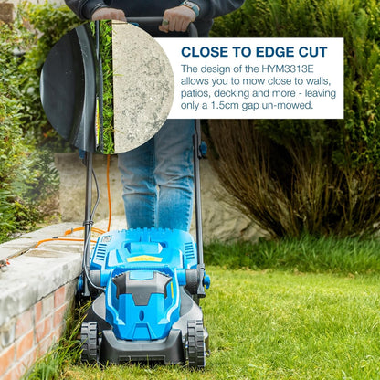 Hyundai 1300W Electric Lawn Mower – 33cm Lightweight Corded Lawnmower, 30L Grass Box, Foldable Handle, 3 Cutting Heights, Ideal for Small Gardens - 3 Year Warranty