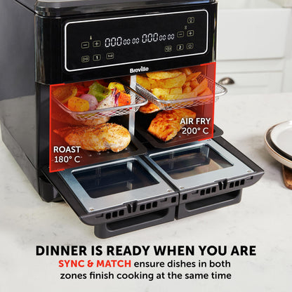 Breville Halo Flexi Air Fryer Digital Dual Air Fryer Oven 11L: Serves 10+ People FryBakeGrillRoast & Reheat 2400 W