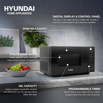 Hyundai 800W 20L Black Digital Microwave, Stainless Steel Interior, 11 Power Levels, Automatic Defrost, 6 Auto Cook Modes, Clock and Timer, Digital Controls, Easy Clean & Child Lock