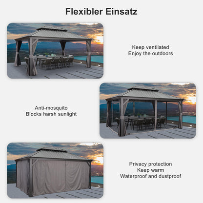 PURPLE LEAF 3.65 x 4.85m Large Hardtop Gazebo with Galvanised Steel Double Roof, Permanent Aluminium Garden Gazebo with Curtains & Netting for Patio, Lawn or Deck, Grey
