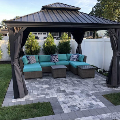 PURPLE LEAF 3 x 3.65m Large Hardtop Gazebo with Galvanised Steel Double Roof, Permanent Aluminium Garden Gazebo with Curtains & Netting for Patio, Lawn or Deck, Grey