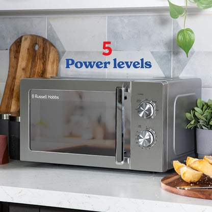 Russell Hobbs Stainless Steel Microwave 20 Litre 800W Solo Manual with 5 Power Levels, Defrost Function & Easy Clean, 35 Minute Timer, RHMM827SS