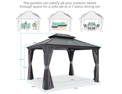 PURPLE LEAF 3 x 3.65m Large Hardtop Gazebo with Galvanised Steel Double Roof, Permanent Aluminium Garden Gazebo with Curtains & Netting for Patio, Lawn or Deck, Grey