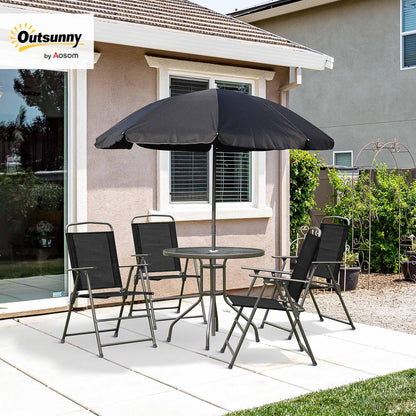 Outsunny 6 Piece Garden Dining Set with Umbrella, Patio Sets with Parasol with 4 Folding Dining Chairs & Round Tempered Glass Table, Black