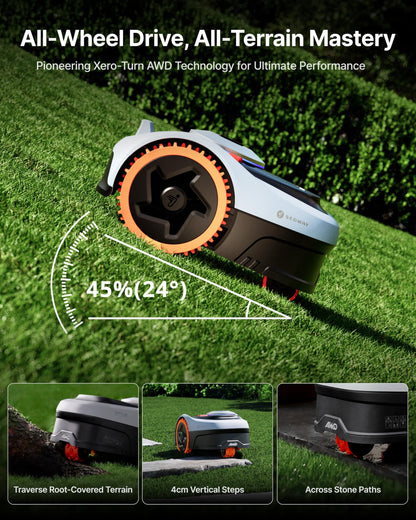 Segway Navimow i205 AWD Robotic Lawn Mower without Boundary, All-Wheel-Drive for 45% Slopes, EFLS NRTK + Vision, Auto Mapping, Incl. 2.55 Ah Battery, Rec. 500 m², No RTK Antenna Required