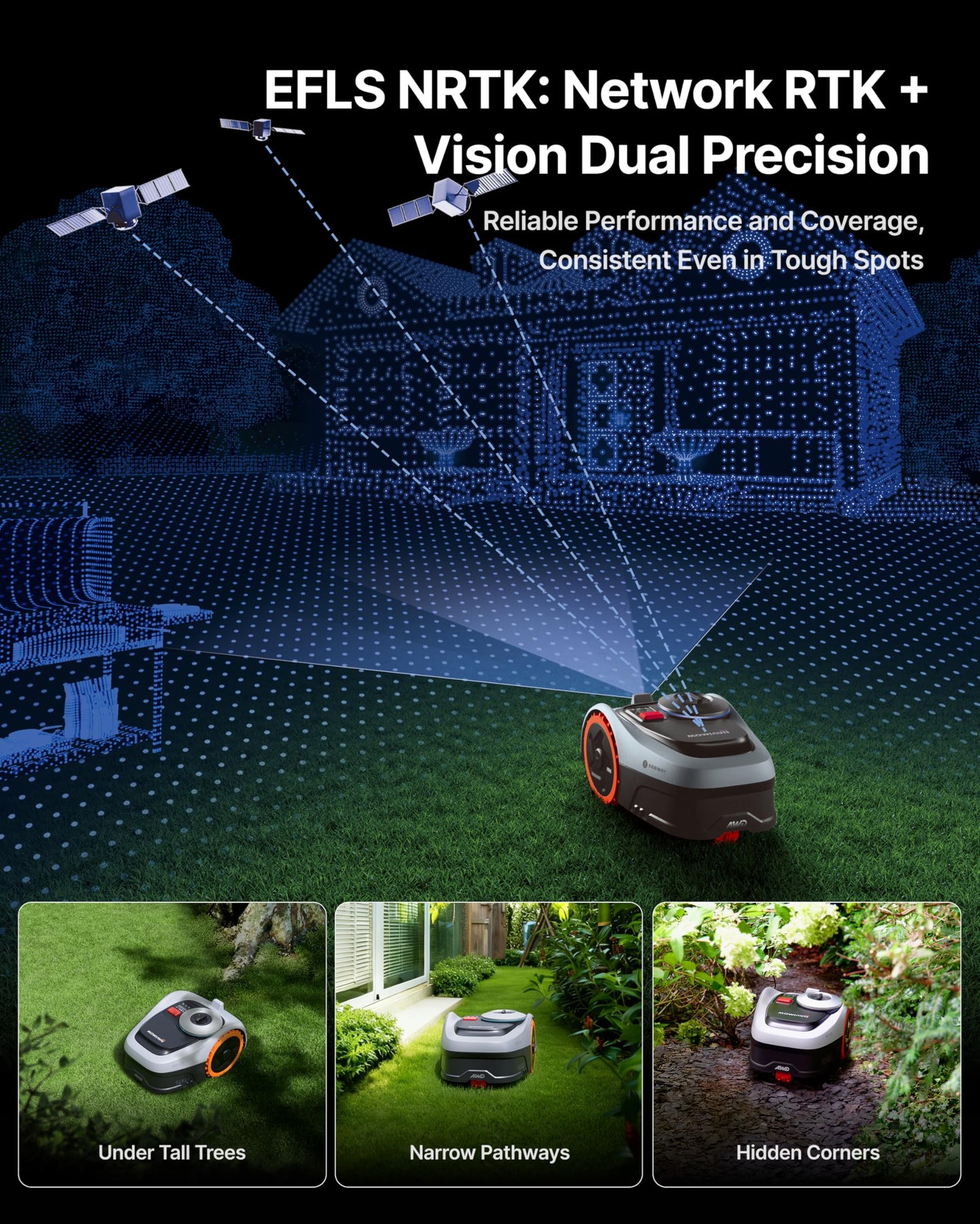 Segway Navimow i205 AWD Robotic Lawn Mower without Boundary, All-Wheel-Drive for 45% Slopes, EFLS NRTK + Vision, Auto Mapping, Incl. 2.55 Ah Battery, Rec. 500 m², No RTK Antenna Required