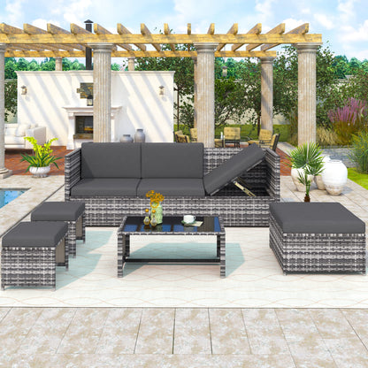 BTM 6 Seater Garden Furniture Set, PE Ratten Garden Sofa Set, Lounge Set with an Adjustable Seat for Lying & Tee Table & Cushions & Ottomans