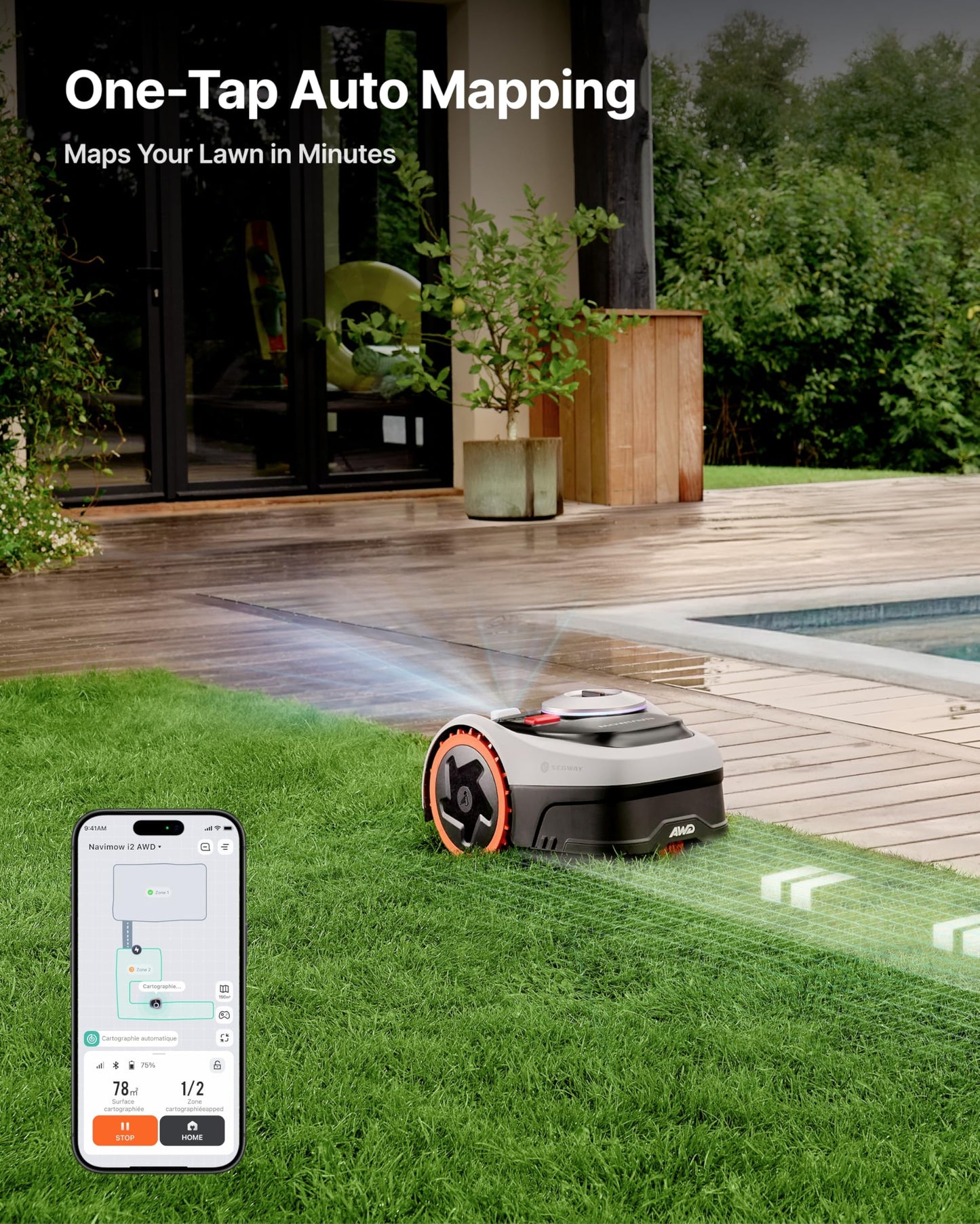 Segway Navimow i205 AWD Robotic Lawn Mower without Boundary, All-Wheel-Drive for 45% Slopes, EFLS NRTK + Vision, Auto Mapping, Incl. 2.55 Ah Battery, Rec. 500 m², No RTK Antenna Required