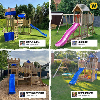 WICKEY Wooden climbing frame Smart Camp with swing set & green slide, Outdoor kids playhouse with sandpit, climbing ladder & play-accessories for the garden